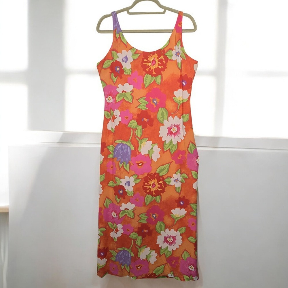 VTG Sigrid Olsen Sport Midi Dress Woman Size 8 Orange‎ Floral Print Sleeveless